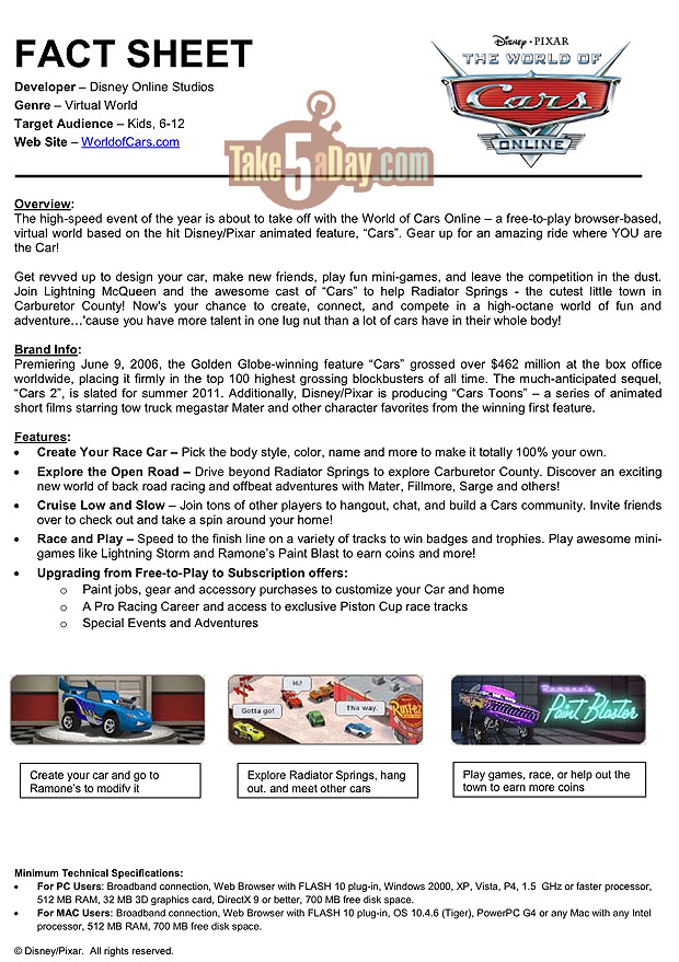 Take Five a Day » Blog Archive » Disney Pixar CARS: WorldofCars.com Update  & Codes Update