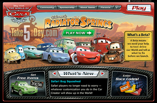 Take Five a Day » Blog Archive » Disney Pixar CARS: WorldofCars.com Update  & Codes Update