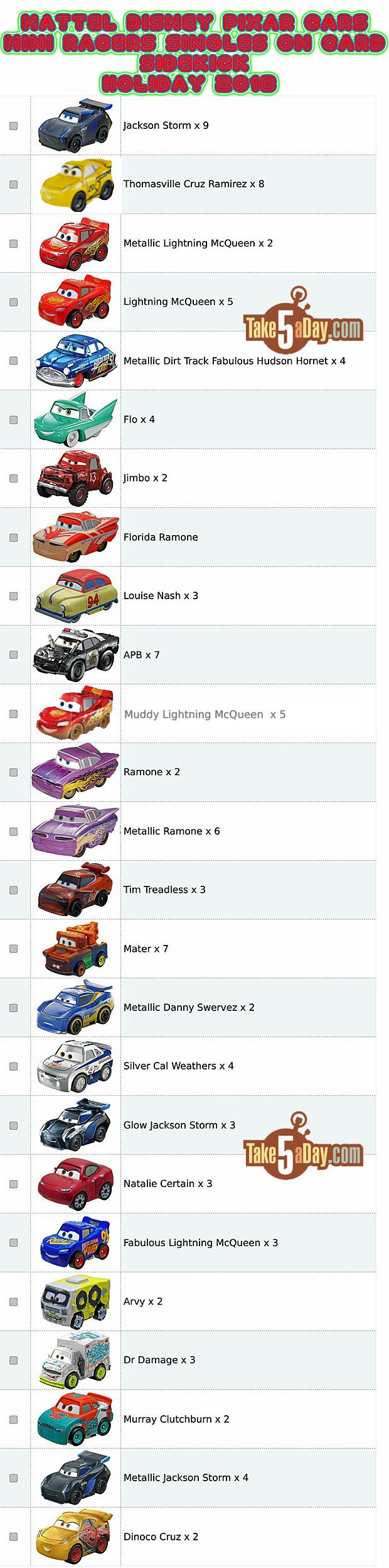 x5 Disney Pixar Cars Mini Racers 