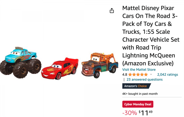 Mattel Disney Pixar Cars On The Road 3-Pack of Toy Cars & Trucks, 1:55  Scale Character Vehicle Set with Road Trip Lightning McQueen (  Exclusive)